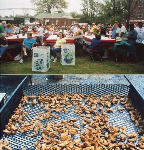 A crowded outdoor event with people at tables, and a close-up of fried food on a grill.
