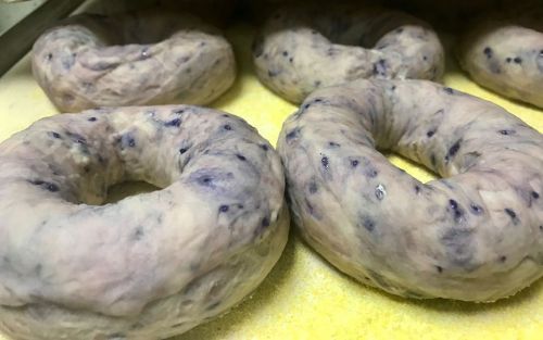 Four uncooked bagels with a light purple hue, resting on a yellow surface.