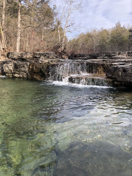 A serene waterfall cascades over rocks into a clear, tranquil pool surrounded by trees and a cloudy sky.