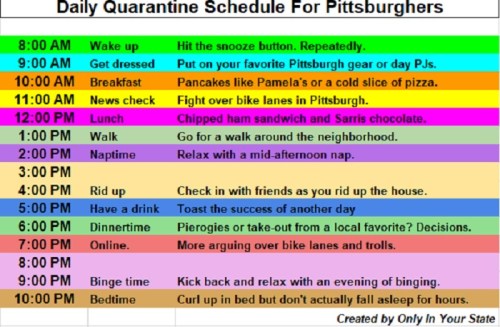 Daily quarantine schedule for Pittsburghers: wake up, meals, walks, relaxation, and bedtime activities.