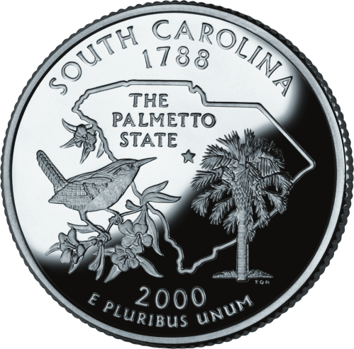 South Carolina quarter featuring a wren, palmetto tree, and state outline, dated 1788 and 2000.