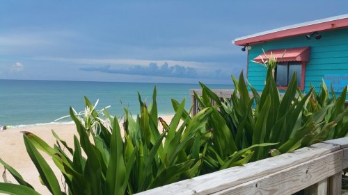 A vibrant beach scene with green plants in the foreground, a turquoise building, and calm blue waters under a cloudy sky.