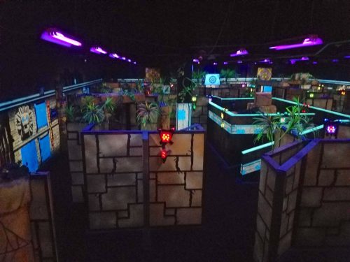 A dimly lit maze with neon lights, plants, and stone walls, creating a vibrant, immersive environment.