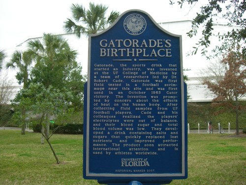 Historical marker for Gatorade's birthplace, detailing its invention at UF College of Medicine by Dr. Robert Cade in 1965.