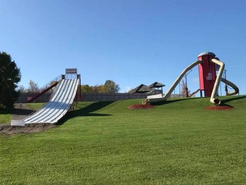 A grassy park features a large water slide and a red play structure with a slide, surrounded by trees and blue sky.
