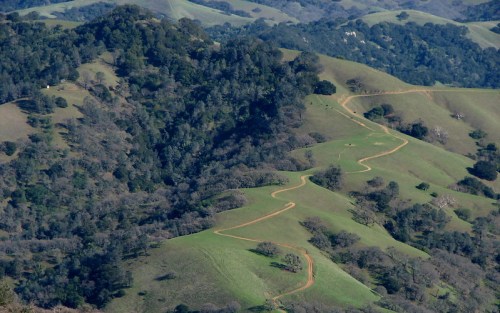 Winding dirt path through lush green hills, surrounded by trees and rolling landscapes under a clear sky.