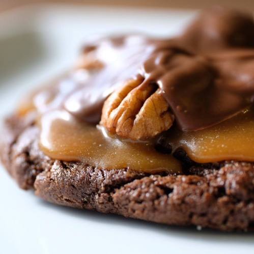 Close-up of a chocolate cookie topped with caramel and a pecan, showcasing a rich, indulgent dessert.
