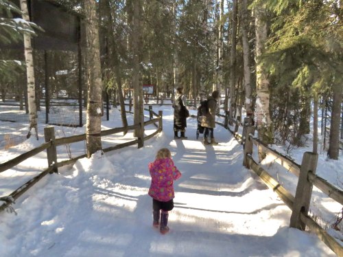 A child in a colorful coat walks on a snowy path in a forest, with two adults in the distance.