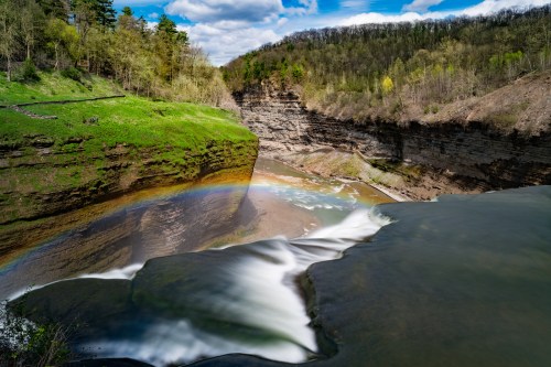 A scenic view of a waterfall with a rainbow, surrounded by lush green cliffs and a river below under a blue sky.
