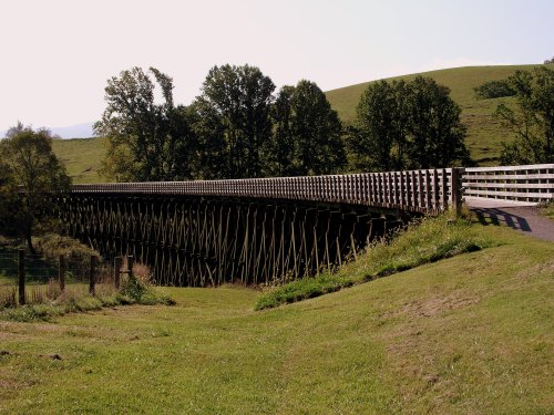 A wooden bridge spans a grassy area, surrounded by trees and rolling hills under a clear sky.