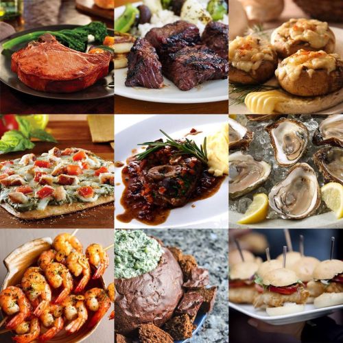 A collage of various gourmet dishes, including meats, seafood, and appetizers, beautifully presented on plates.