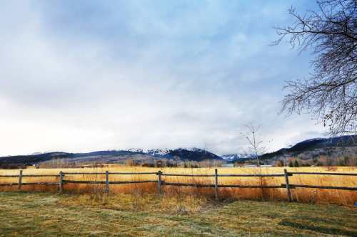 A scenic landscape featuring a grassy field, wooden fence, and mountains with snow under a cloudy sky.