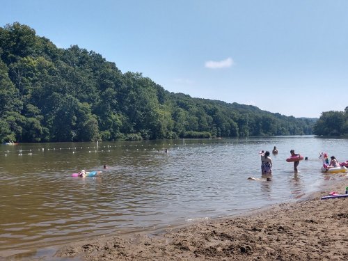 People enjoying a sunny day at a river beach, swimming and relaxing in the water surrounded by lush greenery.