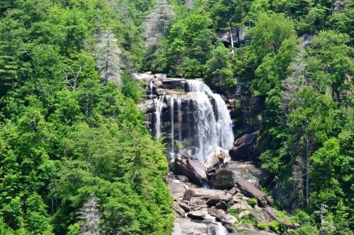 A scenic waterfall cascading down rocky cliffs, surrounded by lush green trees and foliage.