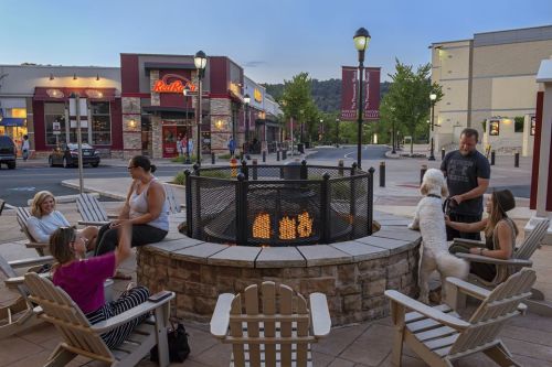 A group of people relaxes around a fire pit outside restaurants, with a dog nearby and trees lining the street.