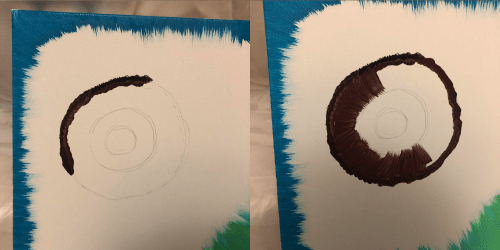 Two canvases side by side: one with a sketched circle, the other painted in brown with textured brush strokes.