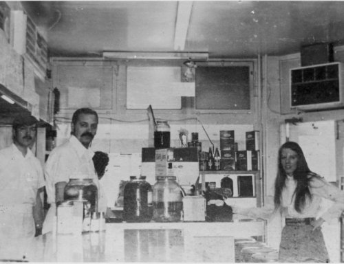 Black and white photo of three people in a shop, surrounded by jars and various items on shelves.