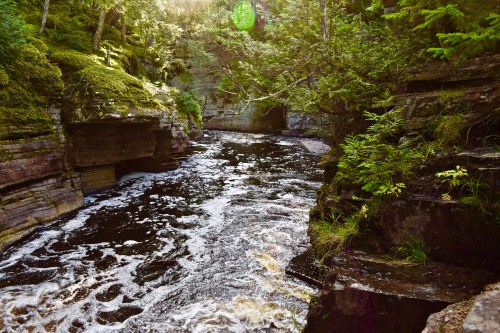 A serene river flows through a lush, green canyon, surrounded by moss-covered rocks and trees.