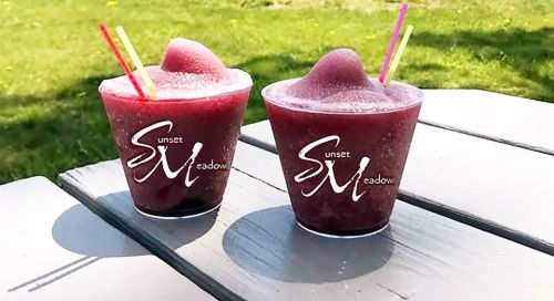 Two frozen berry drinks with colorful straws sit on a wooden table, surrounded by green grass in a sunny outdoor setting.