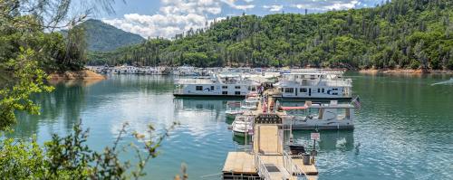 A serene marina with houseboats docked, surrounded by lush green hills and a clear blue sky.