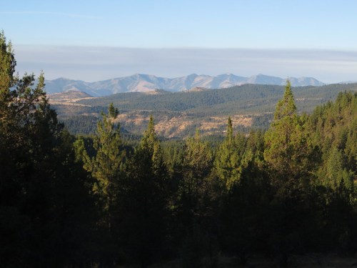 A scenic view of mountains and forests under a clear sky, showcasing layers of green trees and distant peaks.