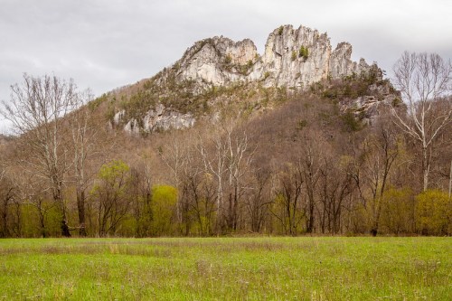 A rocky mountain rises above a grassy field, surrounded by bare trees and budding greenery under a cloudy sky.