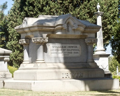 Gravestone of William Irwin, former Governor of California, featuring ornate stonework and inscriptions.