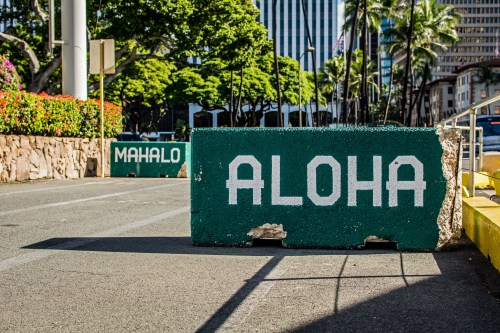 Concrete barriers with the words "Aloha" and "Mahalo" painted in white, surrounded by greenery and city buildings.