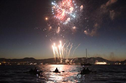 Fireworks illuminate the night sky over a body of water, with silhouettes of people in kayaks watching the display.