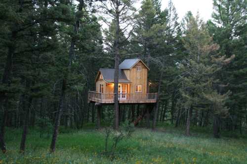 A cozy wooden treehouse nestled among tall trees, with a balcony and warm lights glowing from the windows.