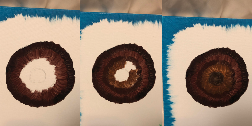 Three stages of a circular painting, showing a textured brown ring with varying shades and a blue background.