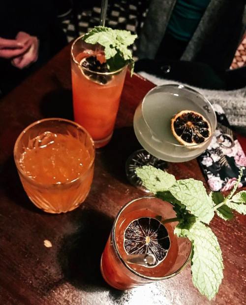 Four colorful cocktails on a wooden table, garnished with mint and dried citrus slices.