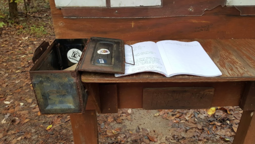 A wooden table in a forest with an open notebook and a metal box, surrounded by fallen leaves.