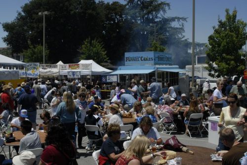 A bustling outdoor festival scene with people enjoying food at tables and a funnel cake stand in the background.