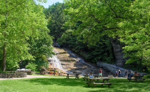 A lush green park with a waterfall, picnic tables, and visitors enjoying the scenic nature.