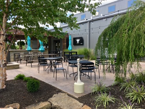 Outdoor patio with black tables and chairs, blue umbrellas, and greenery, next to a modern building.