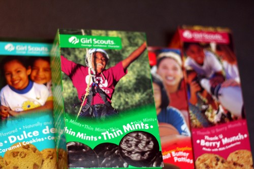 Boxes of Girl Scout cookies, including Thin Mints and other flavors, displayed with smiling children in the background.