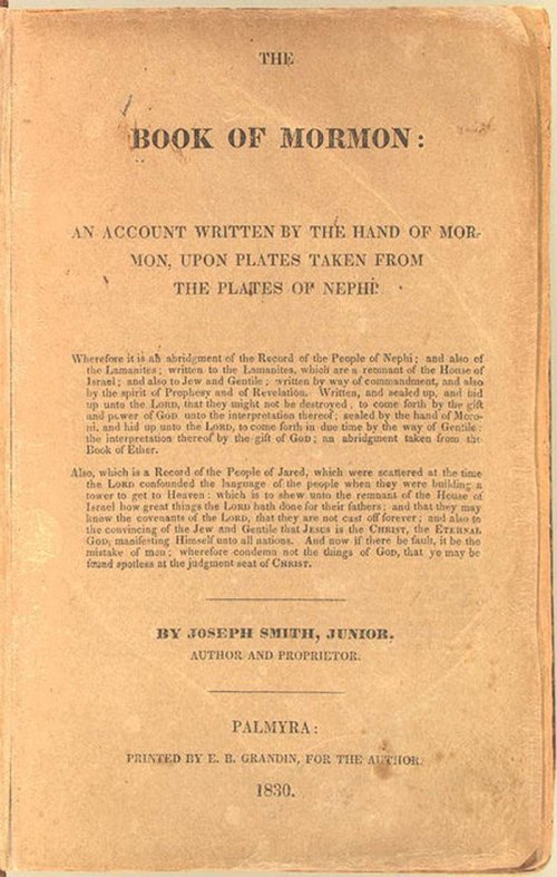 Cover of "The Book of Mormon," printed in 1830, detailing its origins and authorship by Joseph Smith, Junior.