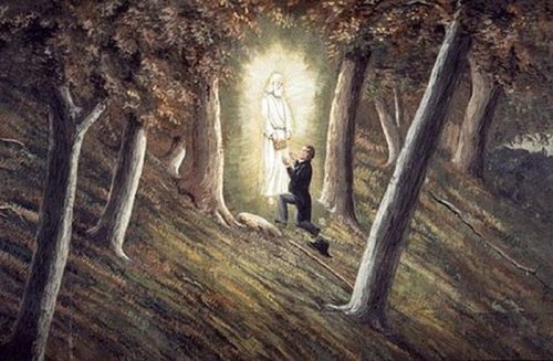 A man kneels in a forest, gazing at a glowing figure in white, surrounded by trees and soft light.