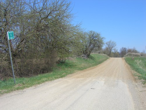 A dirt road curves through a rural area, with trees on either side and a green sign indicating a route number.