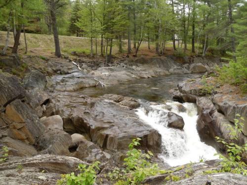 A serene river flows over rocky terrain, surrounded by lush green trees and a peaceful natural landscape.