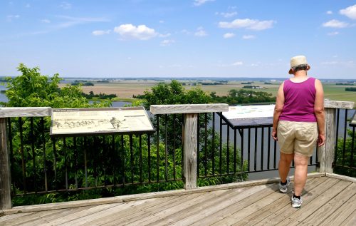 A woman stands on a wooden observation deck, overlooking a scenic landscape with fields and a river under a blue sky.