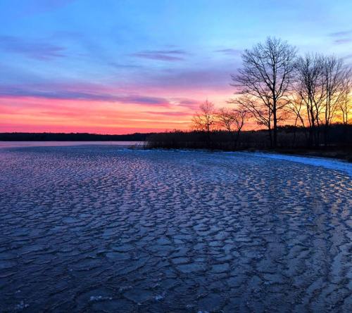 A serene lake at sunset, with vibrant pink and purple skies reflecting on the water and silhouetted trees in the background.