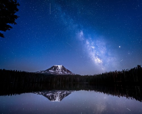 A serene night scene of a mountain reflecting in a calm lake, under a starry sky with the Milky Way visible.