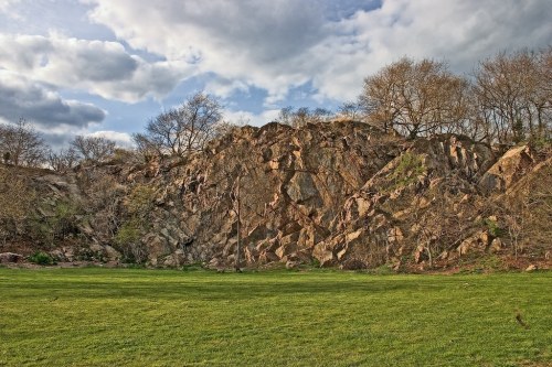 Rocky cliffside with sparse trees under a cloudy sky, overlooking a green grassy area.