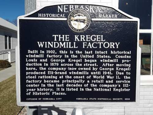 Historical marker for the Kregel Windmill Factory in Nebraska, detailing its history and significance.