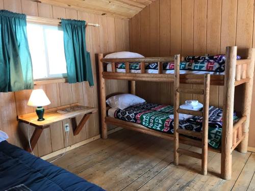Cozy cabin interior with wooden walls, a bunk bed, a small table with a lamp, and a window with green curtains.