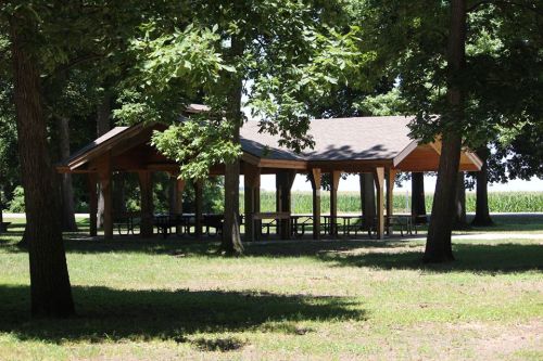 A wooden picnic shelter surrounded by trees and open grass, with a view of a cornfield in the background.