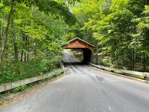 A wooden covered bridge surrounded by lush green trees, leading into a forested area.