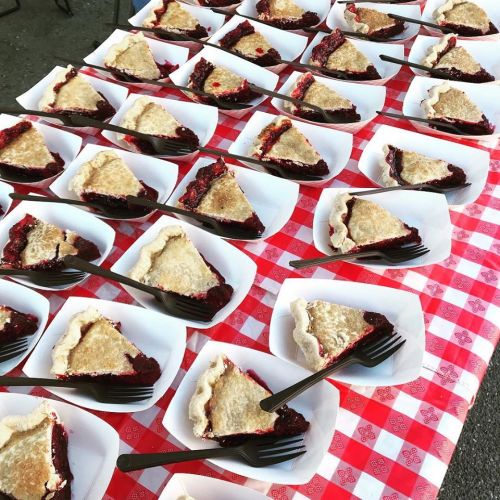 A table covered with red checkered cloth displaying numerous slices of pie on white plates with black forks.